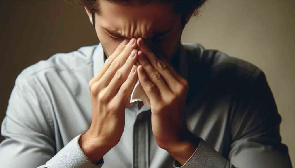 A person pinching the bridge of their nose, eyes closed, appearing to be in discomfort which may suggest sinus congestion.