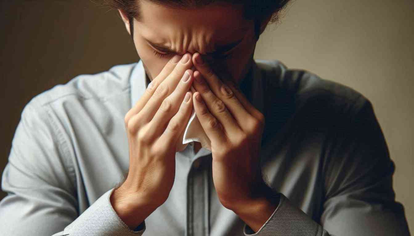 A person pinching the bridge of their nose, eyes closed, appearing to be in discomfort which may suggest sinus congestion.