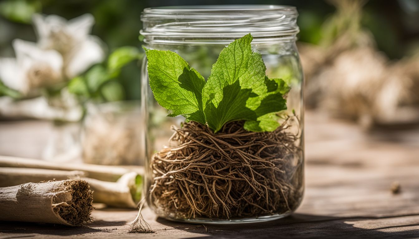 A clear glass jar containing fresh green burdock leaves and dried roots on a wooden surface, with sunlight illuminating the scene.