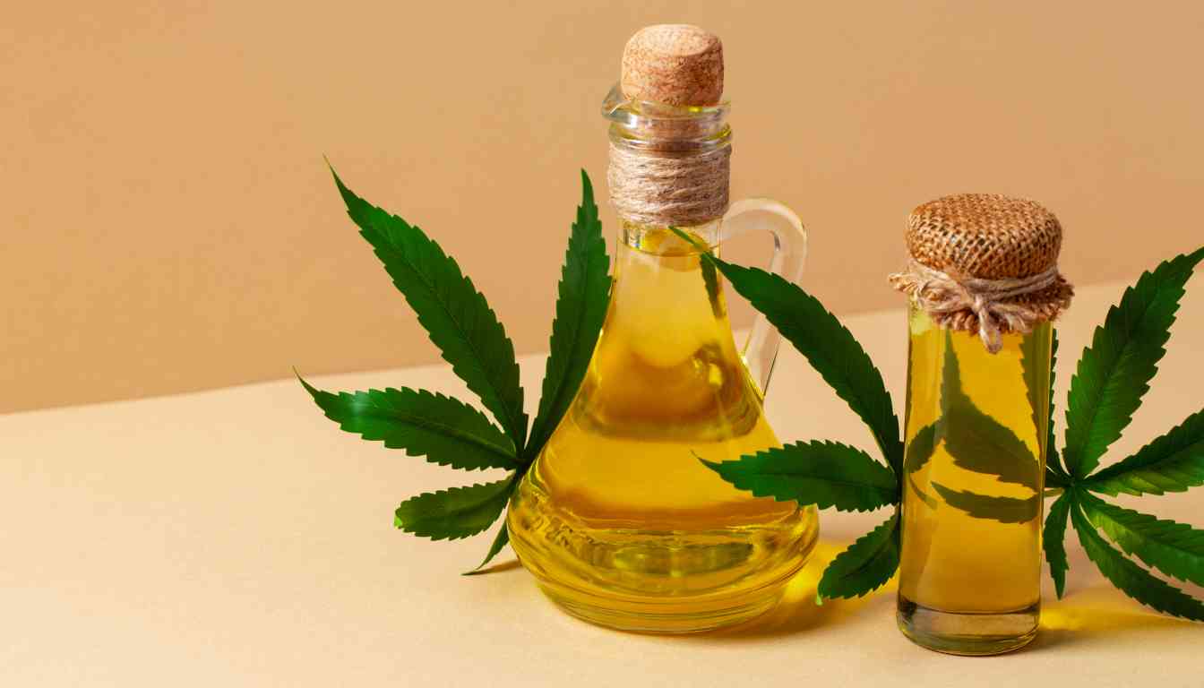 A jar of honey with a dropper bottle labeled "cannabis tincture" on a wooden table, surrounded by fresh cannabis leaves.