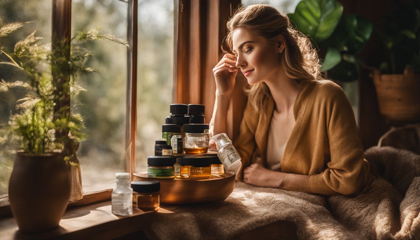 A person examining a collection of spa drops and other wellness products on a wooden tray, placed near a window with greenery outside.