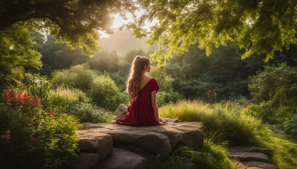 A woman in a red dress sitting on a large rock amidst lush greenery, meditating during sunset.