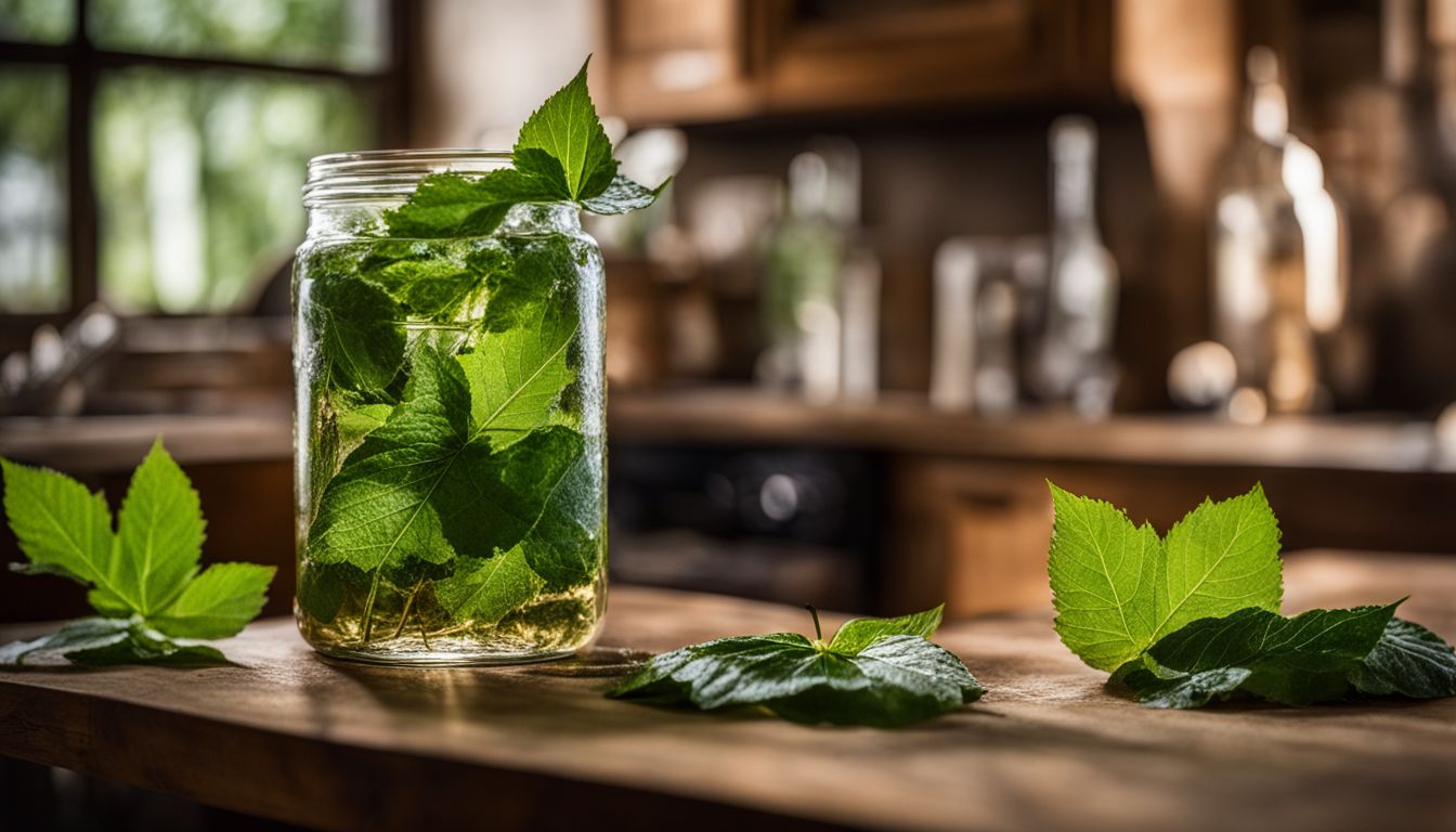 A clear glass jar filled with green mulberry leaves soaked in a liquid, placed on a wooden surface surrounded by fresh mulberry leaves, with a blurred kitchen background.