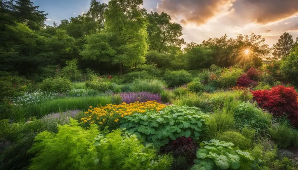 A vibrant garden at sunset with various plants, including a lush patch of parsley as a companion plant amidst colorful flowers and greenery.