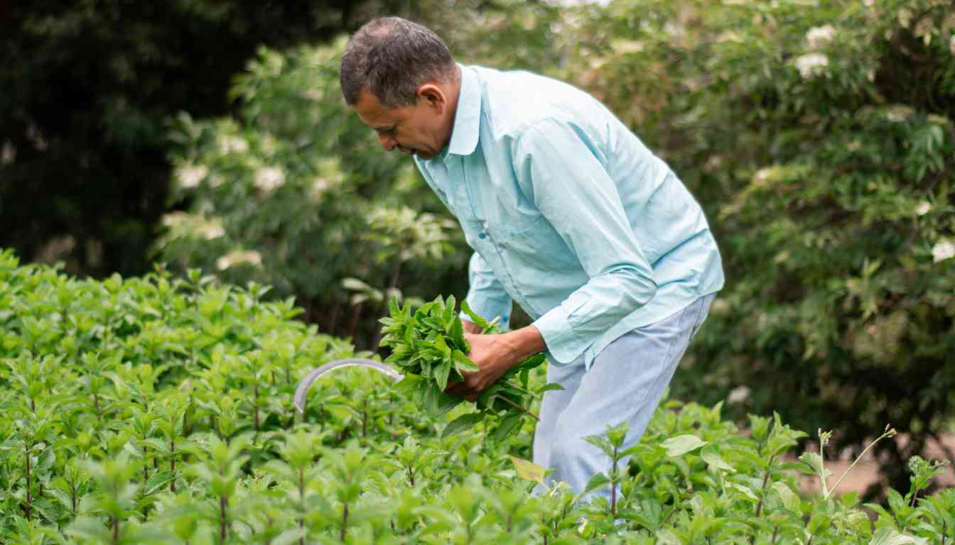 A person in a light blue shirt and light blue pants is harvesting mint plants in a lush green garden.