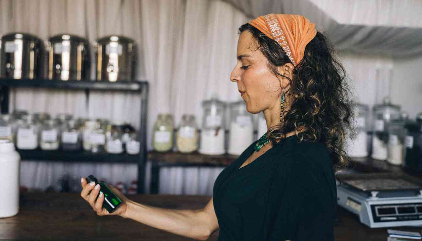 Woman with curly hair and orange headband examining a small bottle in an herbal shop.