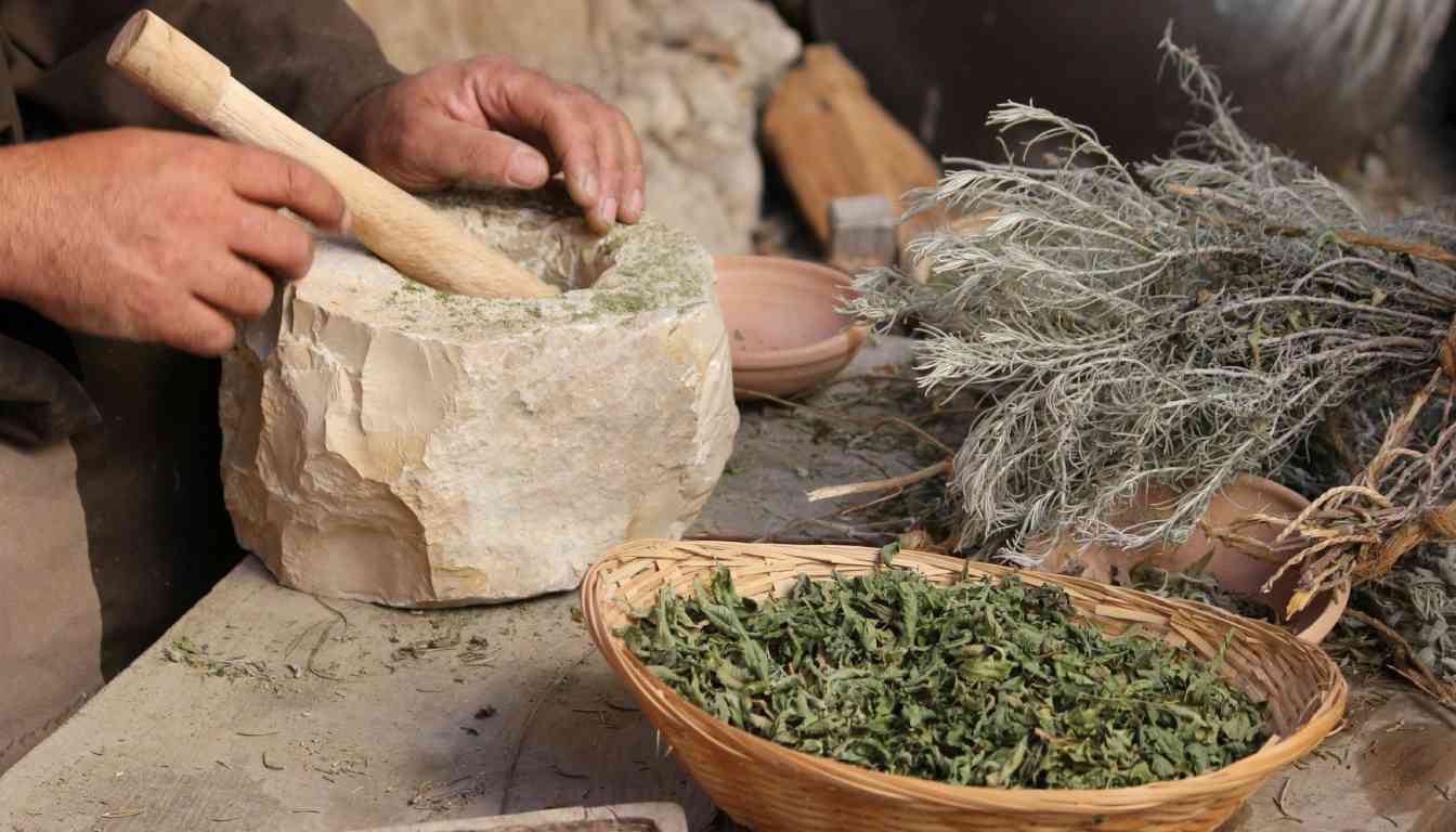 A person’s hands using a mortar and pestle to grind herbs next to a basket filled with dried green herbs and a bundle of twigs.