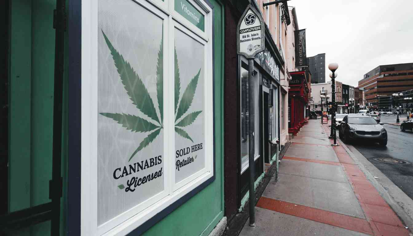 A street view of a storefront with a large cannabis leaf graphic on the window. The text on the window reads "CANNABIS Licensed SOLD HERE Retailer." The street is lined with other shops and a few cars are parked along the sidewalk.