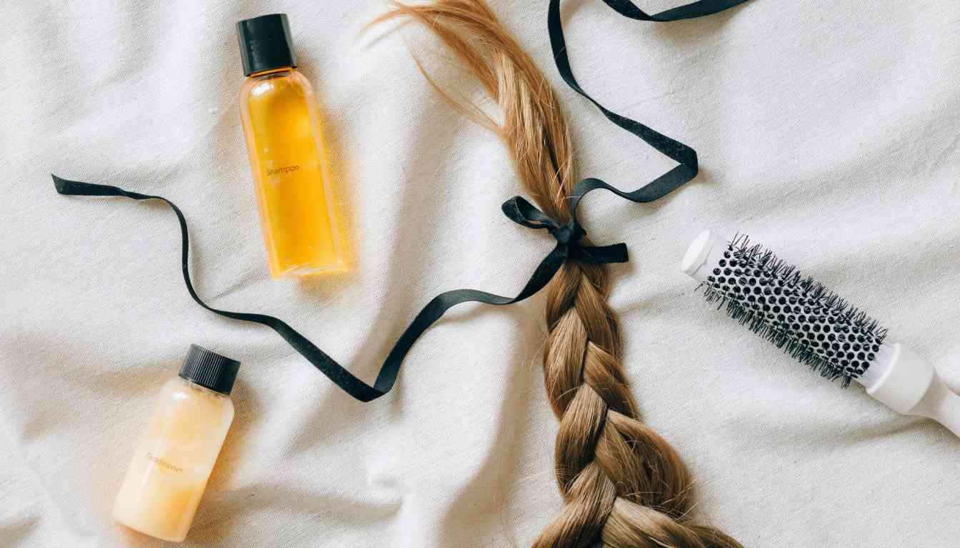 A flat lay of hair care products including a bottle of herbal shampoo, a bottle of conditioner, a hairbrush, and a braided strand of hair tied with a black ribbon.