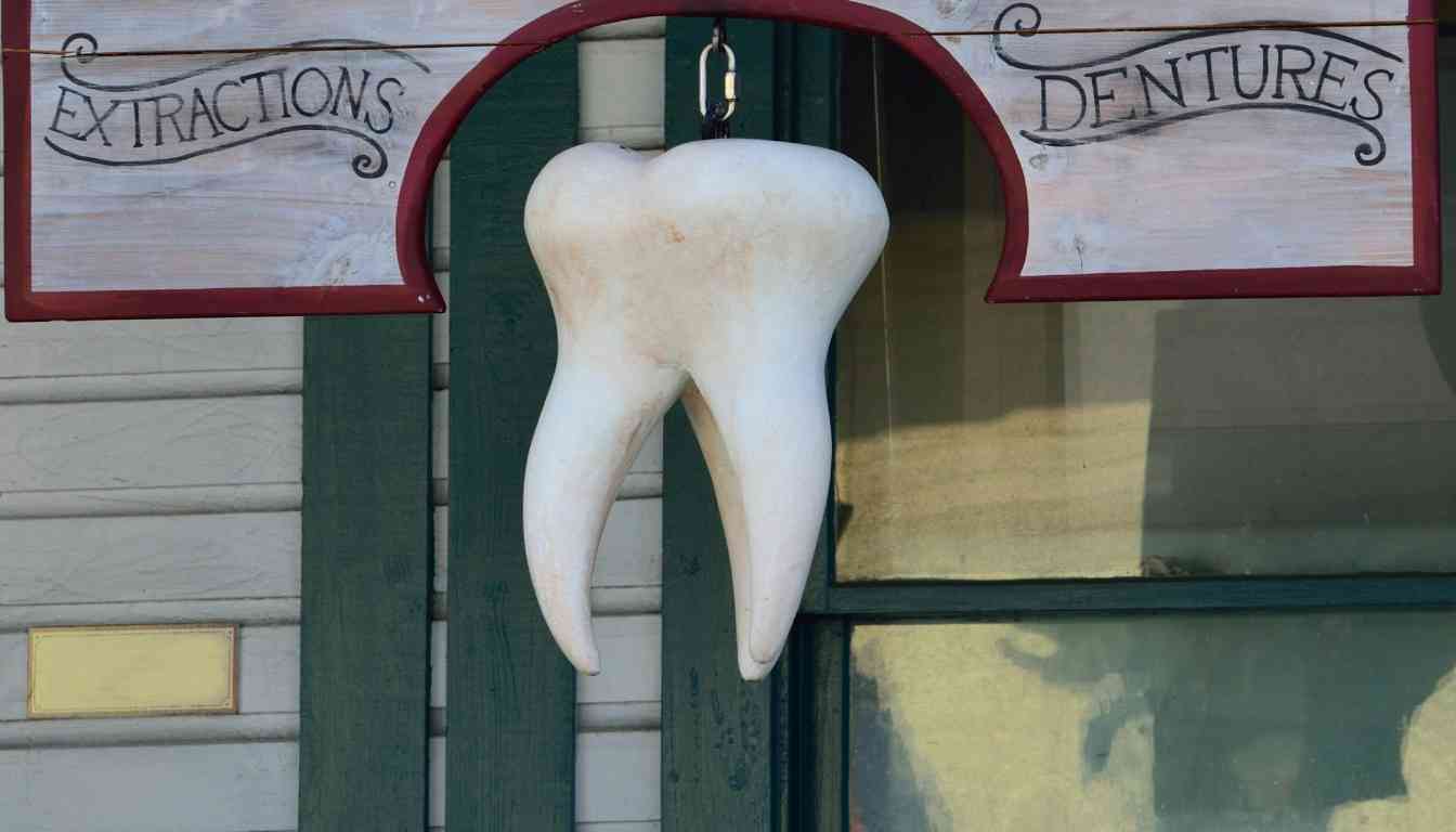 A large, three-dimensional model of a molar tooth hangs above a sign reading “EXTRACTIONS” on one side and “DENTURES” on the other, indicating dental services offered within.