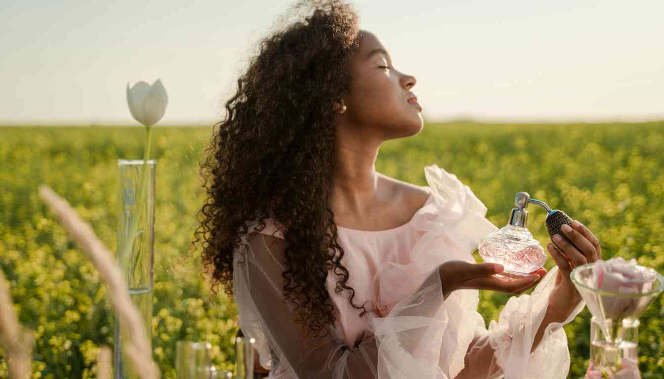 : A person with curly hair holding a bottle of Dolce Floral Drops perfume in a field of flowers, with a focus on the perfume bottle.