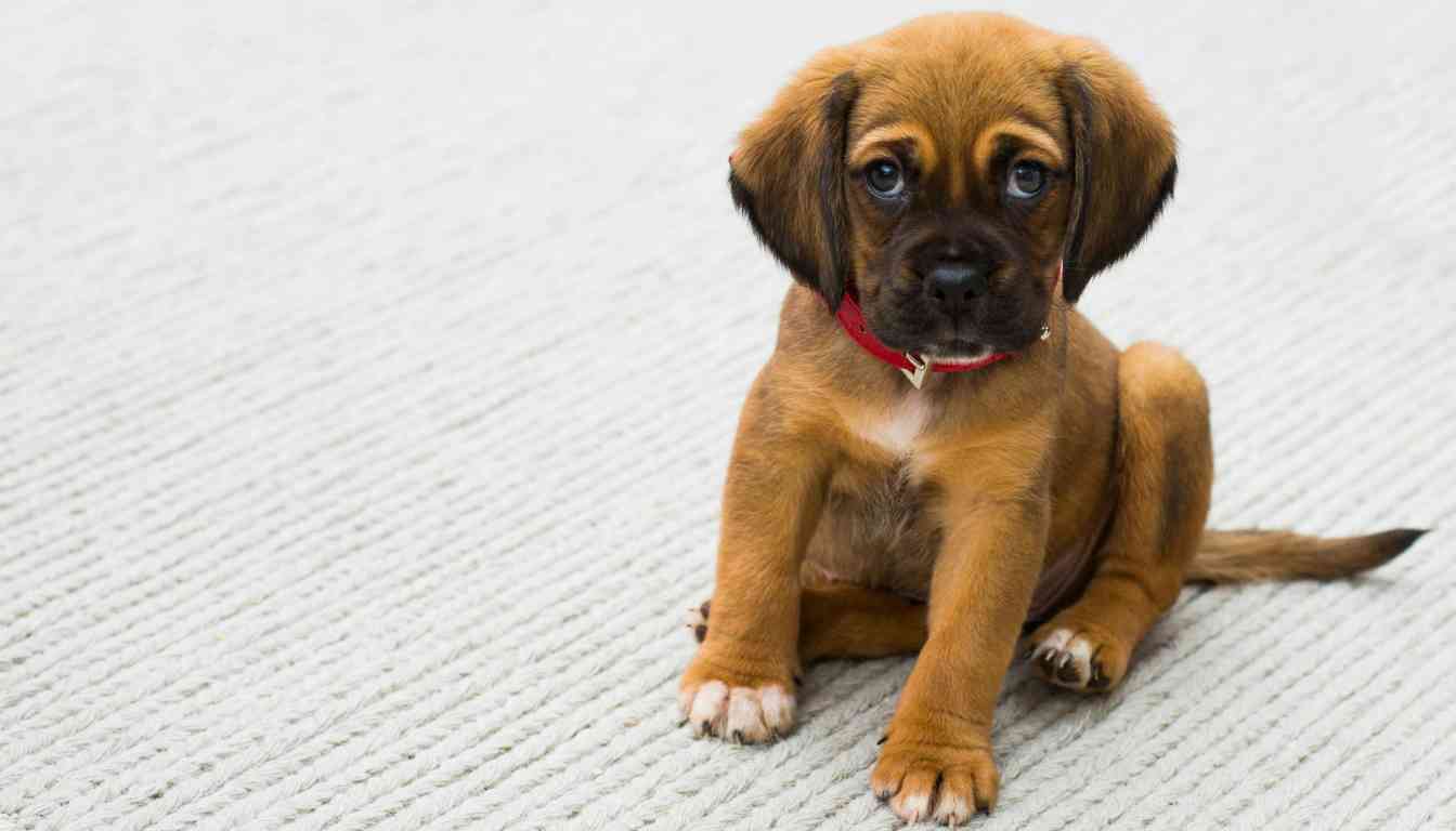 A small brown puppy with a red collar sits on a light-colored carpet, looking directly at the camera.