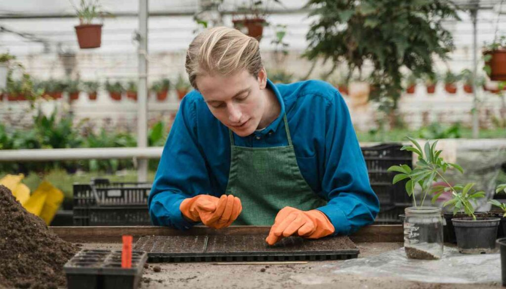 An individual with obscured face wearing a blue shirt and orange gloves is engaged in planting seedlings in a greenhouse, surrounded by plants and gardening tools.