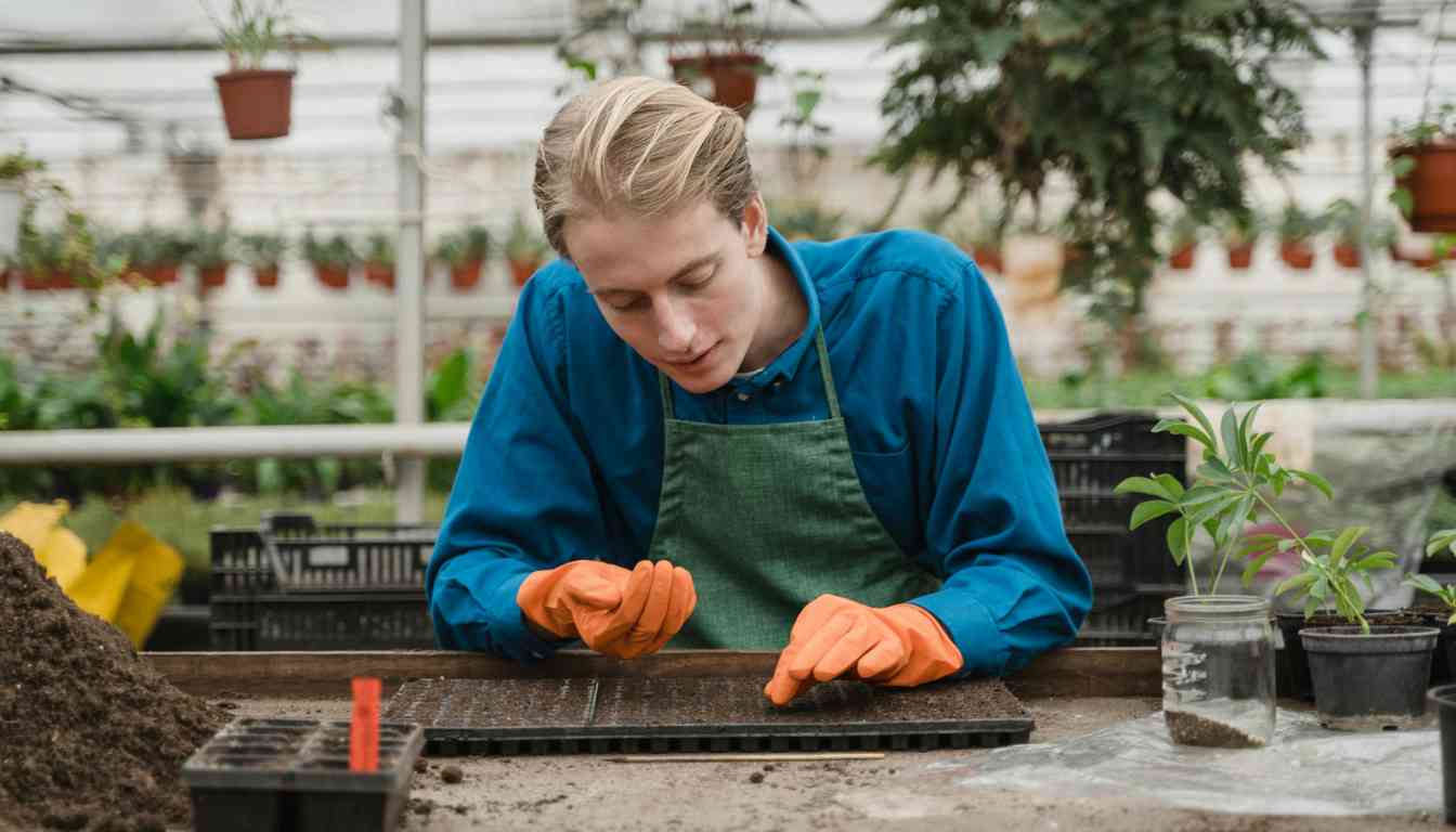 An individual with obscured face wearing a blue shirt and orange gloves is engaged in planting seedlings in a greenhouse, surrounded by plants and gardening tools.