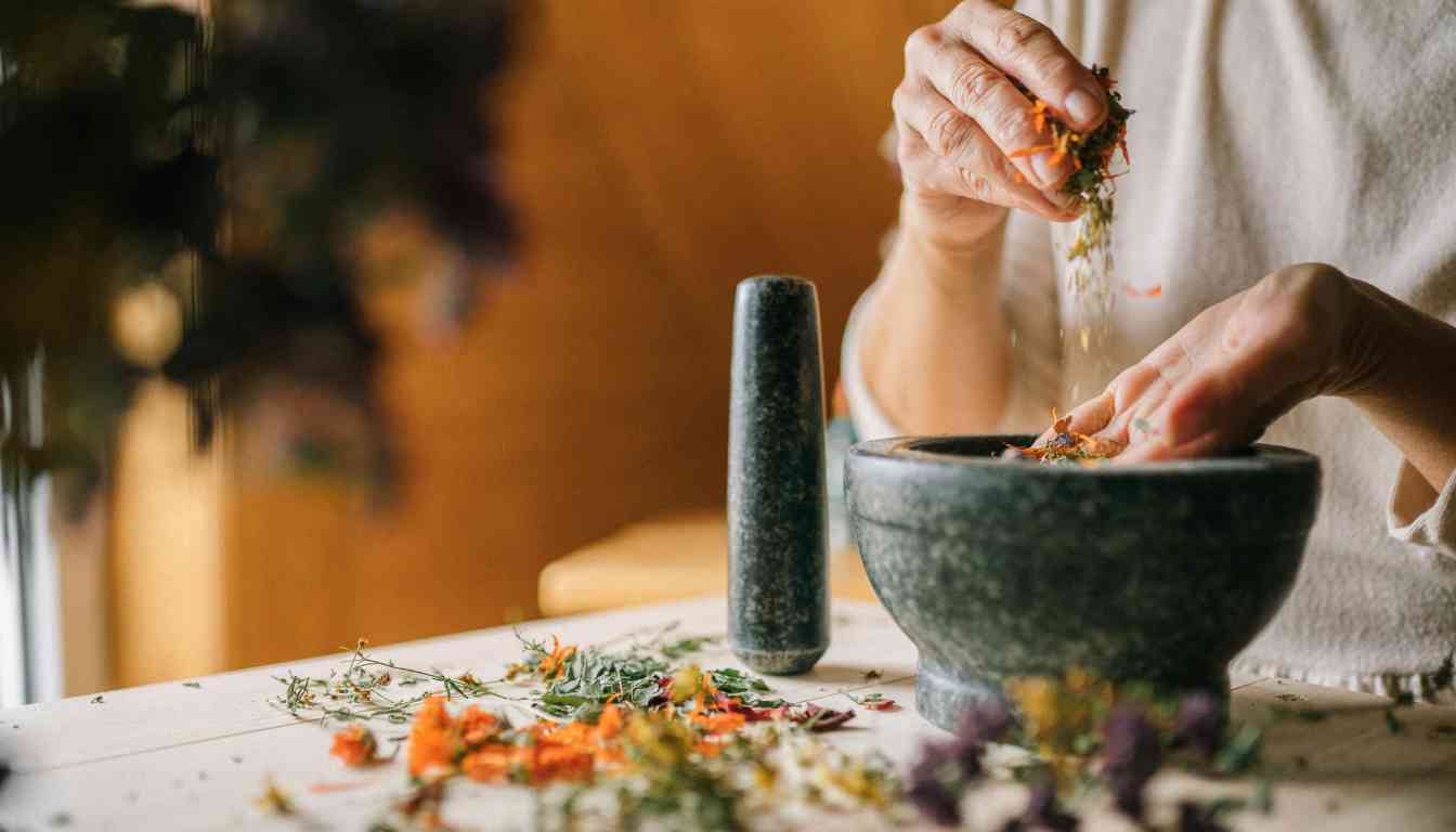 A herbalist prepares a blend of dried botanicals in a mortar and pestle on a wooden table, surrounded by scattered herbs.