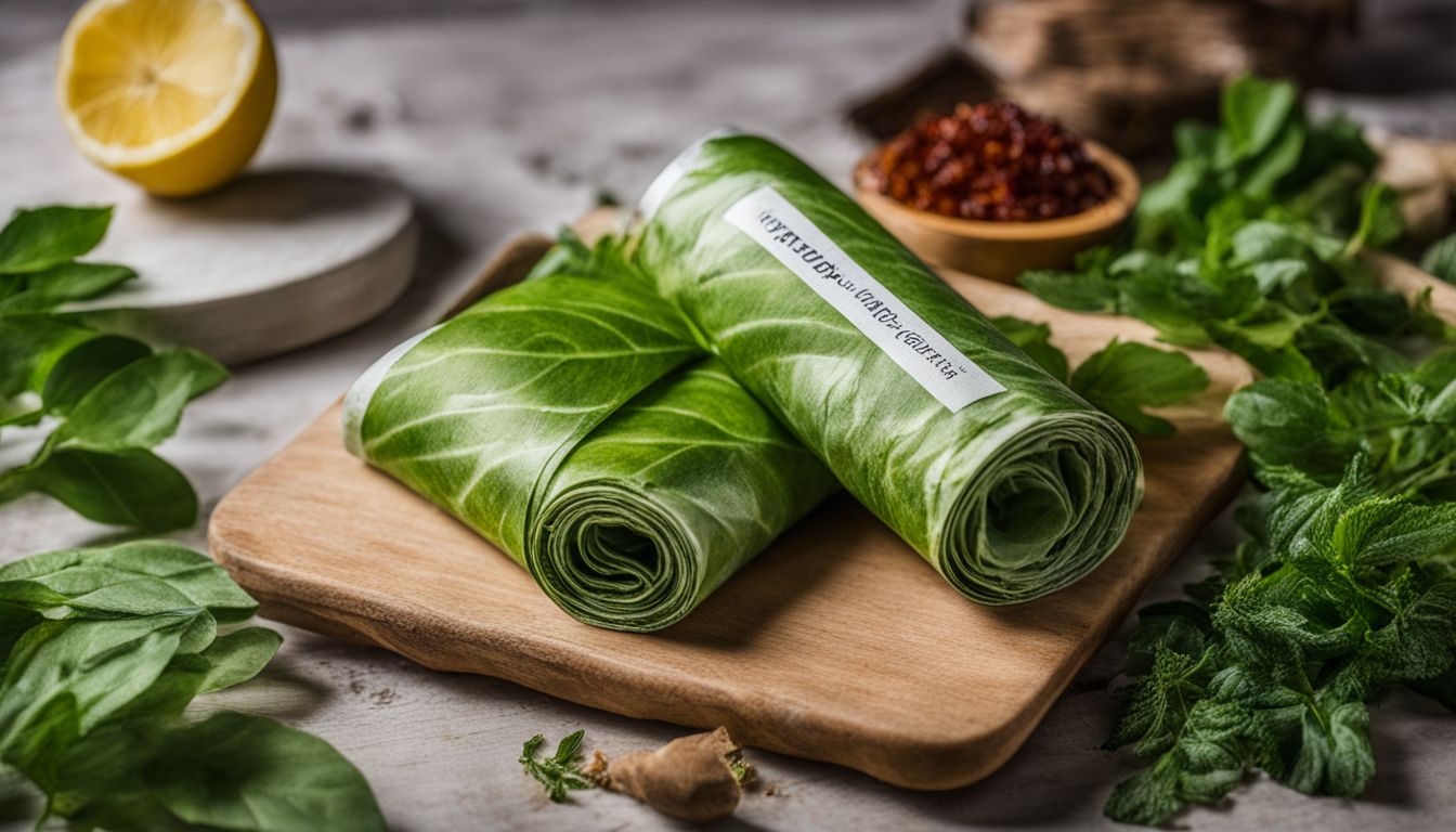 A pair of green primal herbal wraps neatly rolled and placed on a wooden cutting board, surrounded by fresh herbs, a slice of lemon, and a bowl of spices.