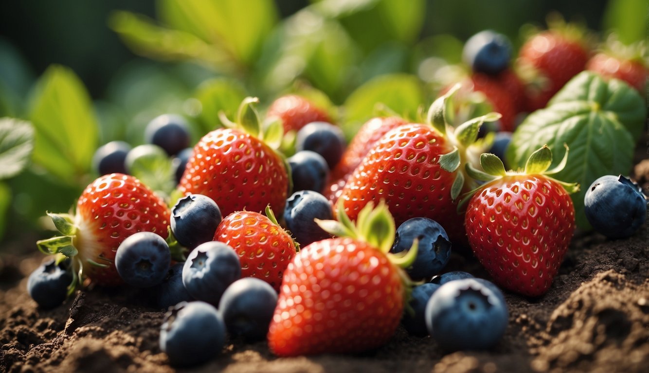 Fresh strawberries and blueberries on soil with green leaves in the background.