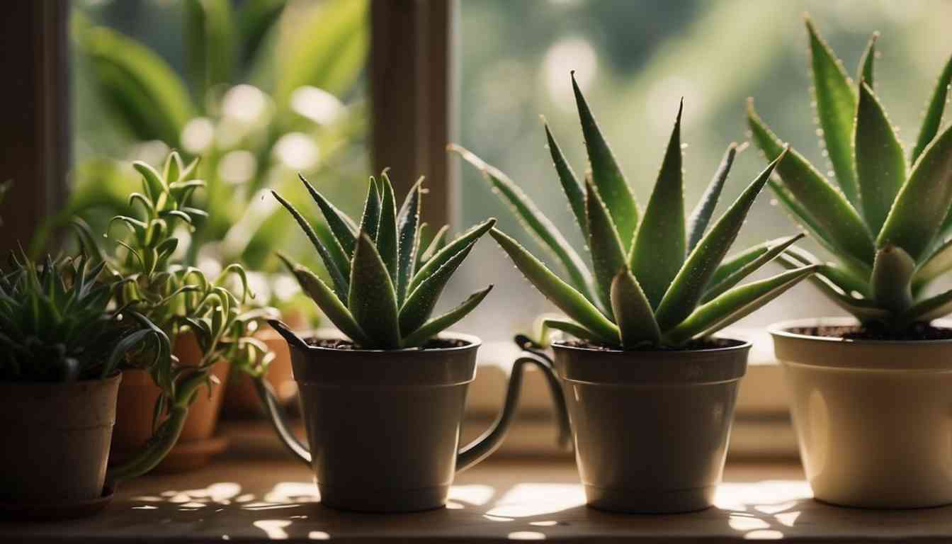 Several potted aloe vera plants on a windowsill, with sunlight filtering through the leaves.