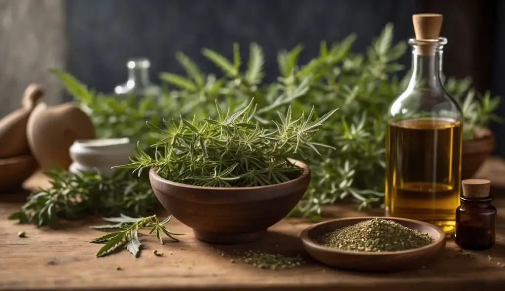 A wooden bowl filled with fresh mugwort leaves, a small dish with dried mugwort powder, and a glass bottle of mugwort tincture on a rustic wooden table. In the background, there are more green mugwort plants and a mortar with pestle.