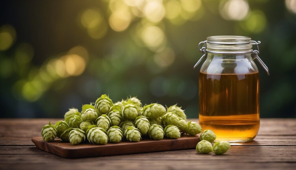 A jar of amber-colored liquid next to a wooden tray filled with fresh green hops cones on a wooden table, with a blurred green and yellow bokeh background.