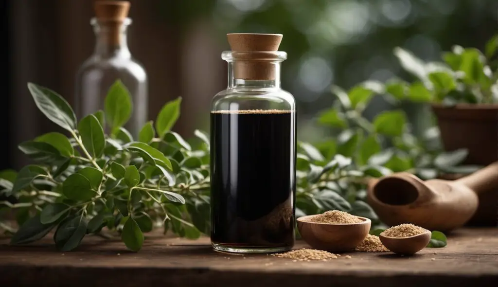 A clear glass bottle with a cork stopper, filled with dark liquid, labeled as Ashwagandha tincture, placed on a wooden surface. In the background, there are green Ashwagandha plants and another bottle, with a wooden scoop and two small bowls containing beige granules in the foreground.