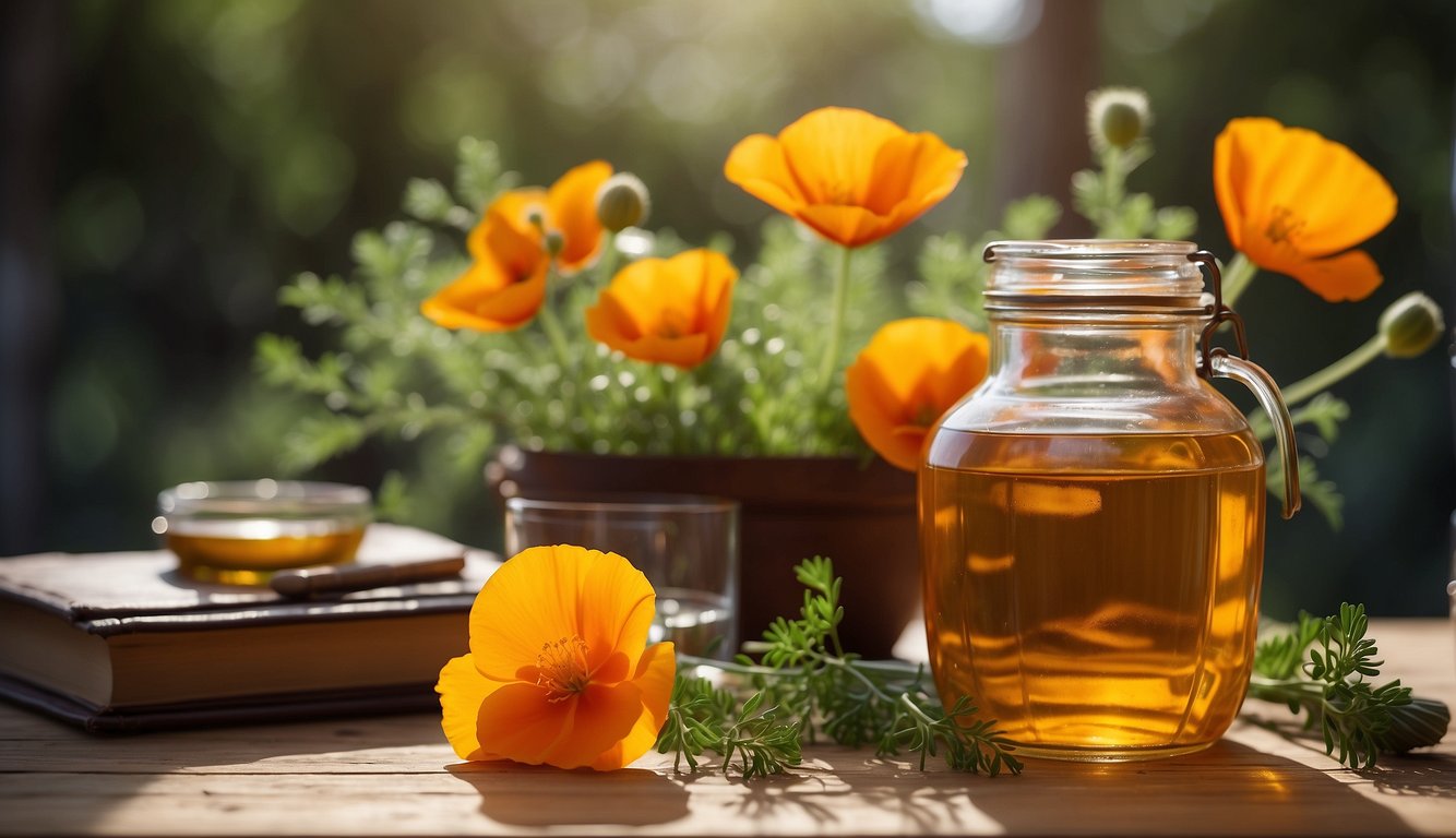 A glass jar of golden liquid next to blooming California poppies, books, and a small dish on a wooden surface in sunlight.