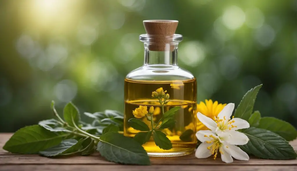 A clear glass bottle filled with golden liquid, sealed with a wooden cork, surrounded by green leaves and yellow damiana flowers against a soft-focused green background.