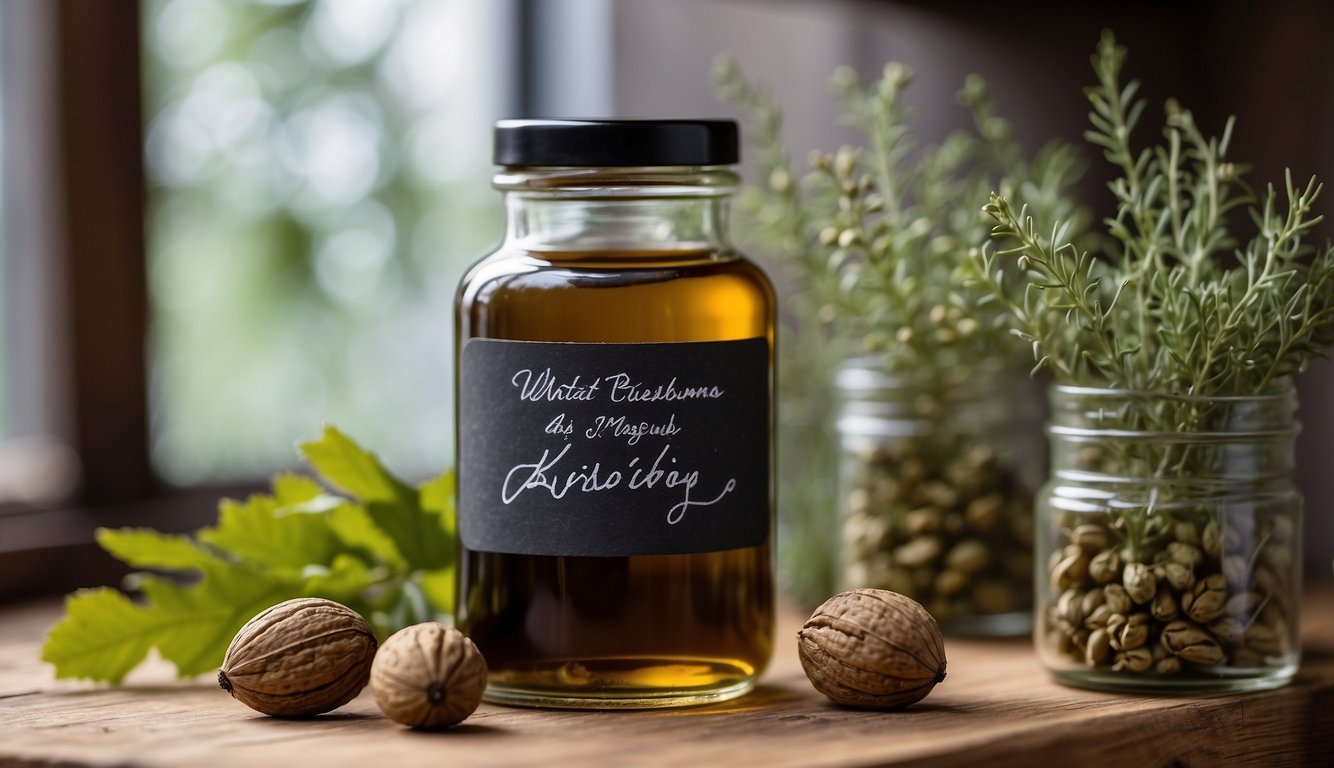 A glass jar filled with a dark liquid labeled "black walnuts tincture" sits on a wooden surface, surrounded by fresh herbs and whole walnuts.