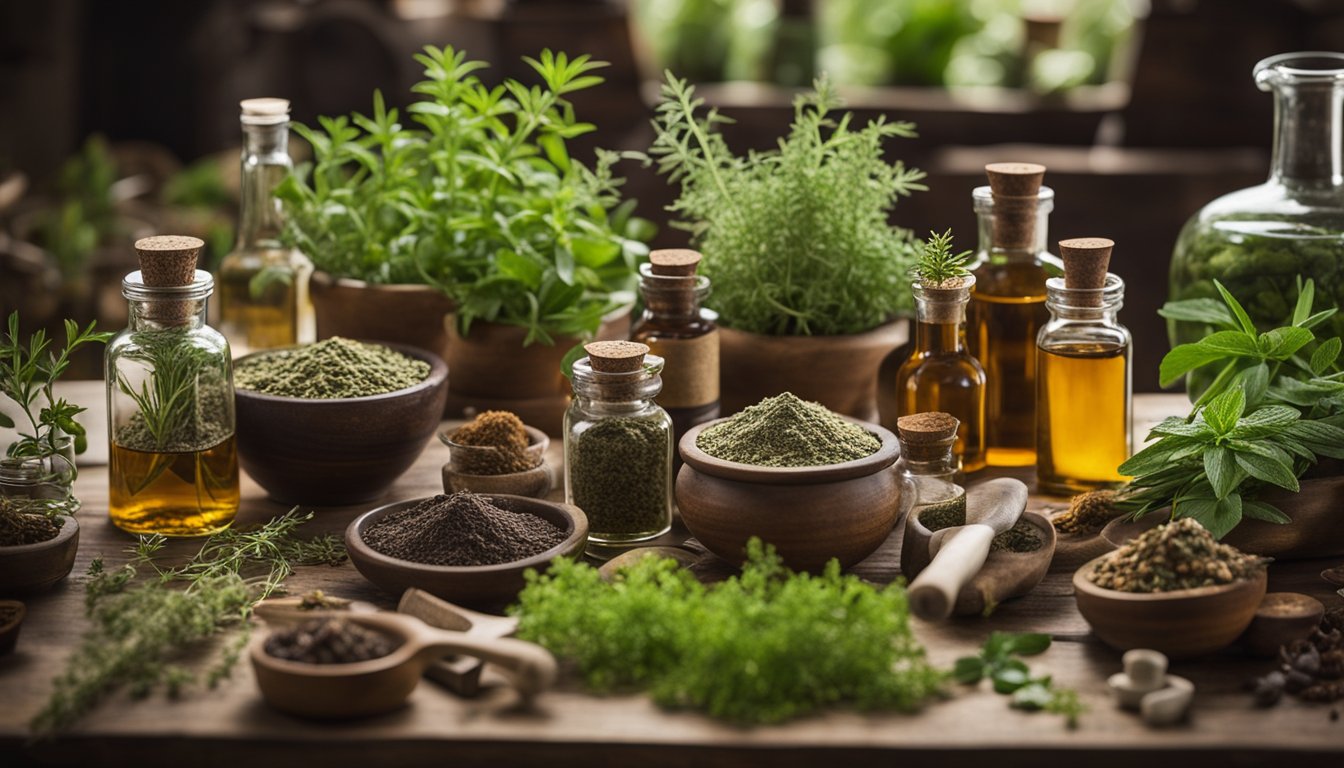 An assortment of herbs and herbal medicine preparations on a wooden table, including bottles of oils, bowls of dried herbs, and fresh plants, suggesting natural treatment options for diabetes.