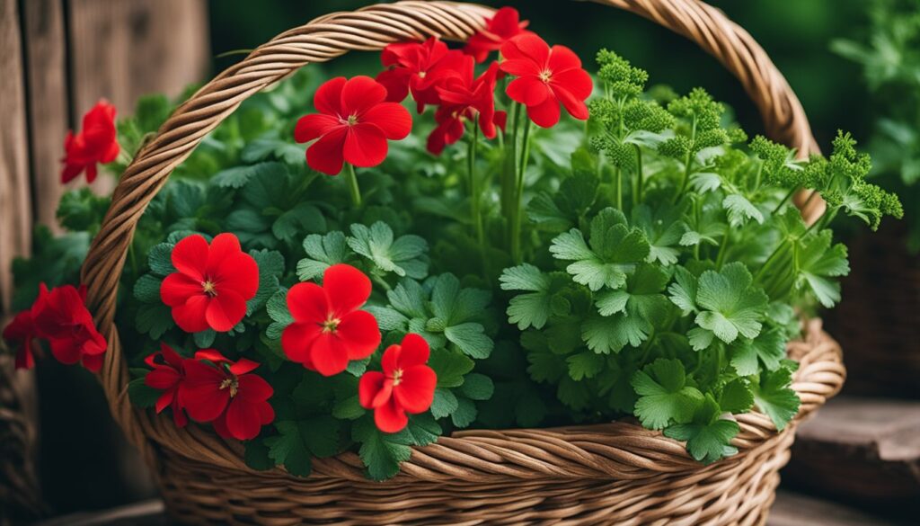 A wicker basket filled with vibrant red flowers and lush green herbs.