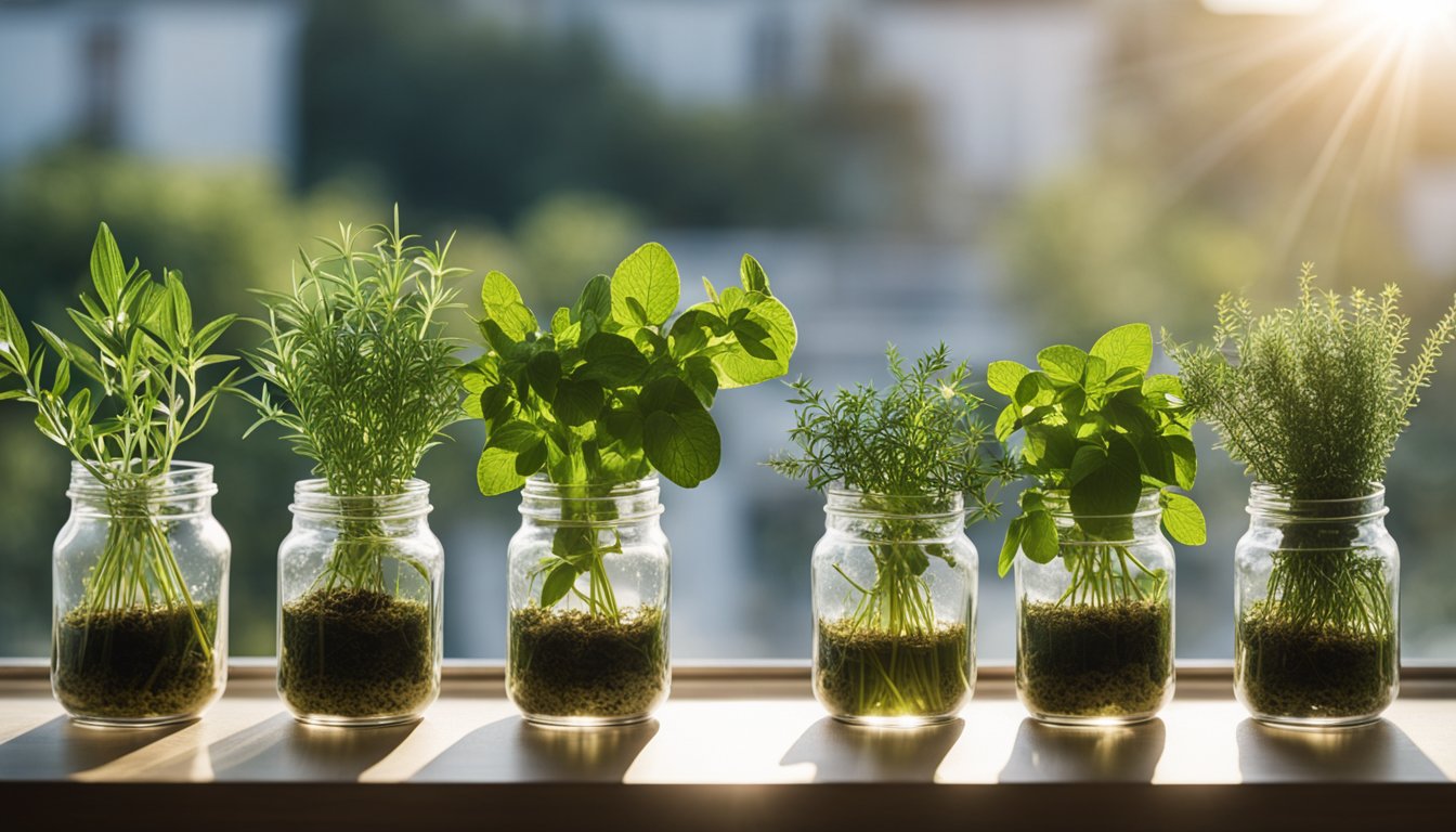 Six transparent jars containing different herbs placed on a windowsill with sunlight streaming through.