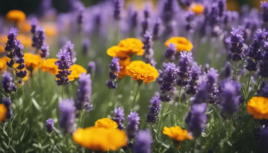 A vibrant garden bed featuring purple lavender and bright orange marigold flowers, known for their mosquito-repelling properties.