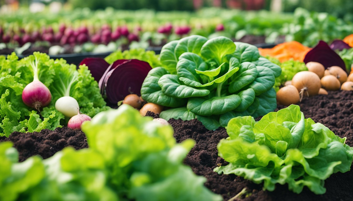 A vibrant vegetable garden with a variety of vegetables including green lettuce, purple cabbages, and onions planted in rich, dark soil.