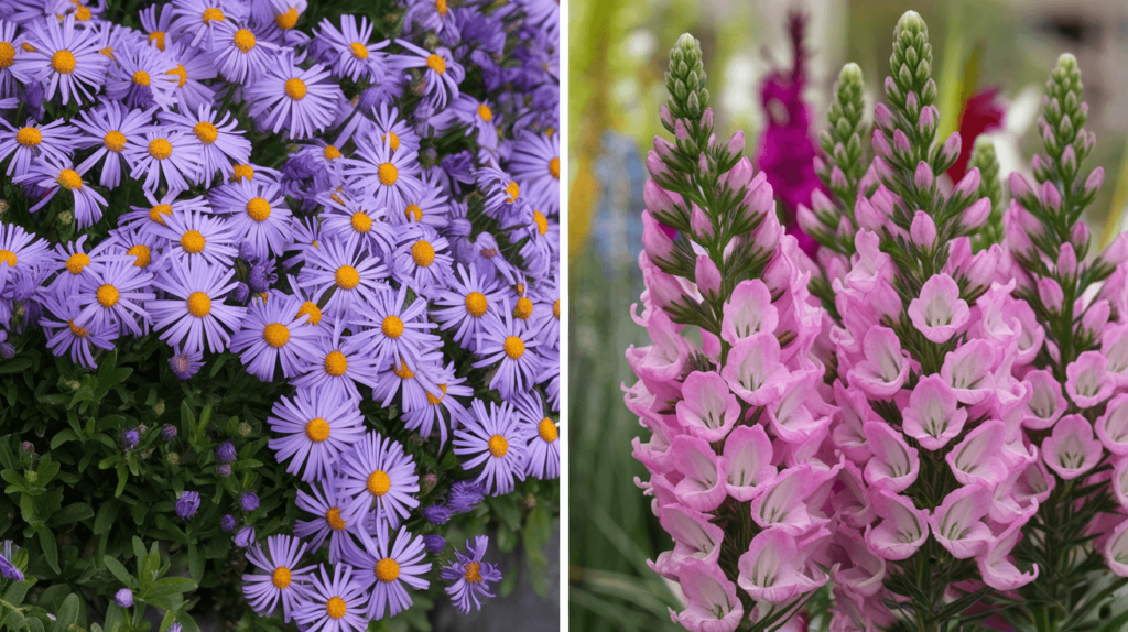 A split image showcasing two different types of flowers. On the left, a cluster of purple daisy-like flowers with bright yellow centers and green foliage. On the right, tall spikes of pink snapdragon flowers with green leaves.