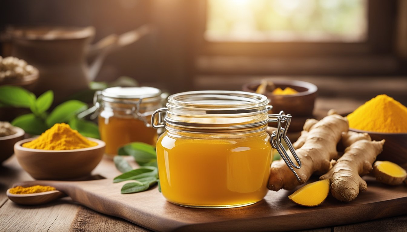 A variety of fresh herbs, including ginger, turmeric, and garlic, displayed on a wooden surface, highlighting their anti-inflammatory properties.