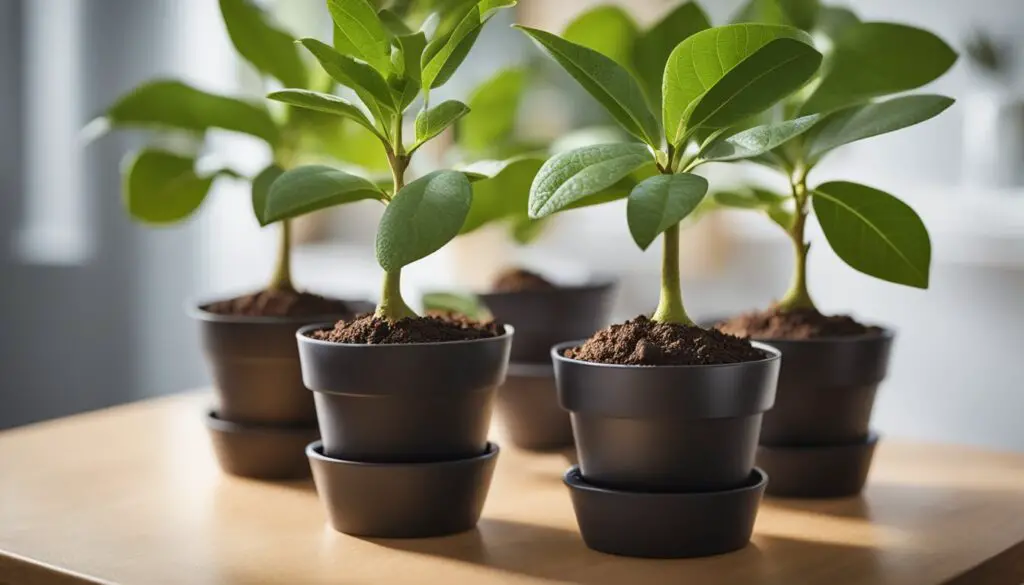 Three young avocado plants with broad green leaves growing in brown pots on a wooden surface indoors, indicating successful cultivation at home.