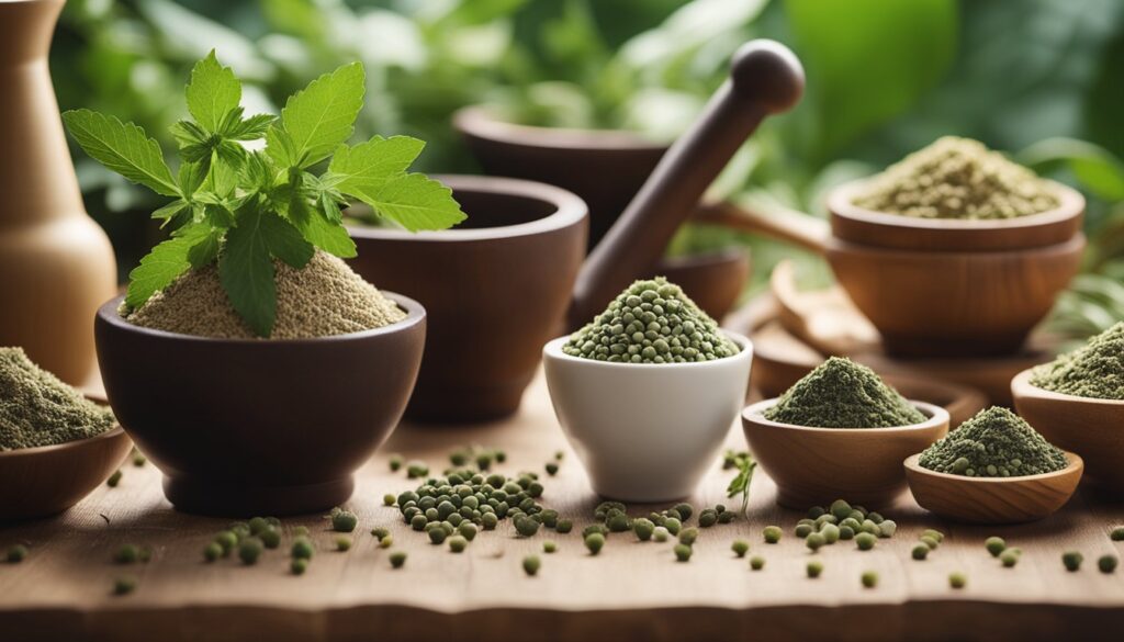 A variety of Ayurvedic herbs displayed in small bowls on a wooden surface, with a fresh green plant in the center and a mortar and pestle to the side.