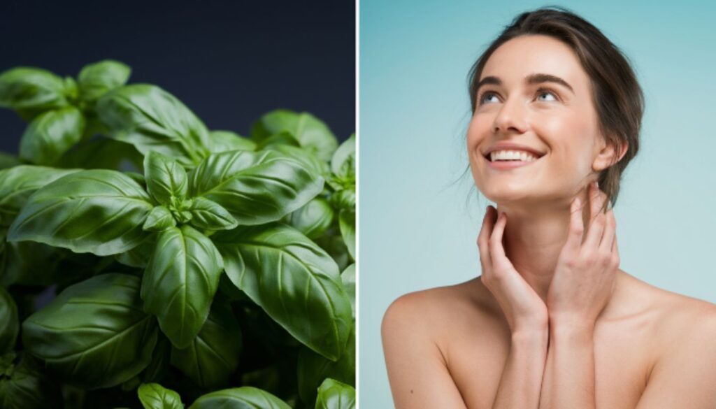 A split image with fresh basil leaves on the left and a person with an obscured face applying something to their neck on the right.