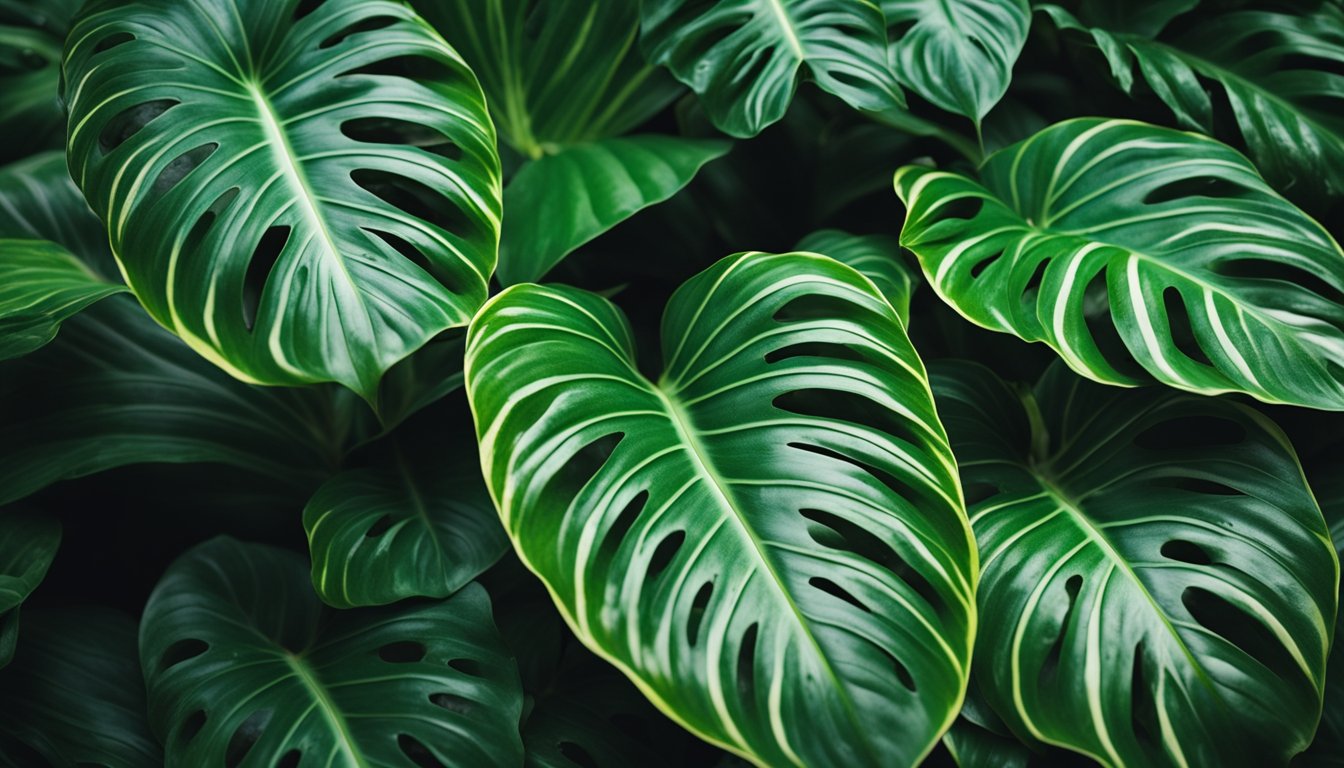 A close-up image showcasing the lush, vibrant leaves of two different plant species with distinctive patterns.