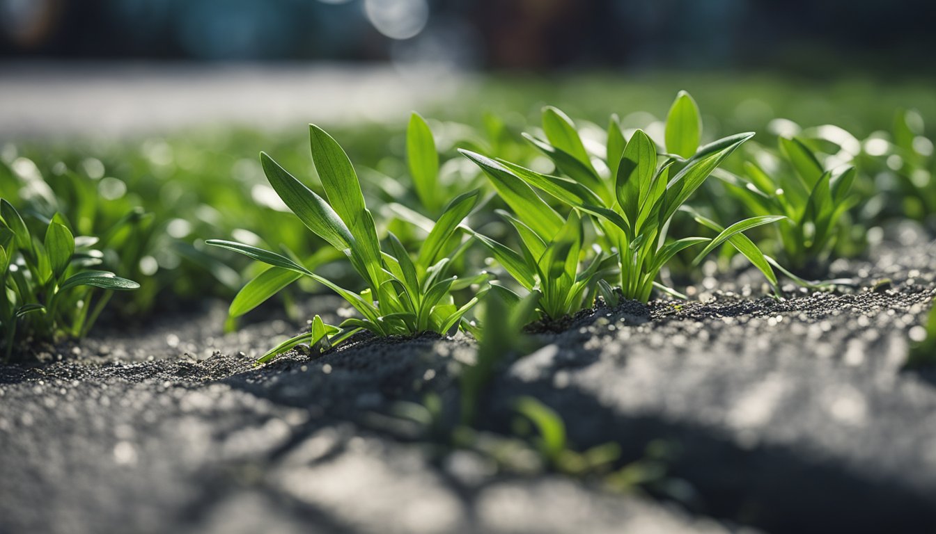 A close-up image of crabgrass sprouting through cracks in a paved surface, illuminated by sunlight.