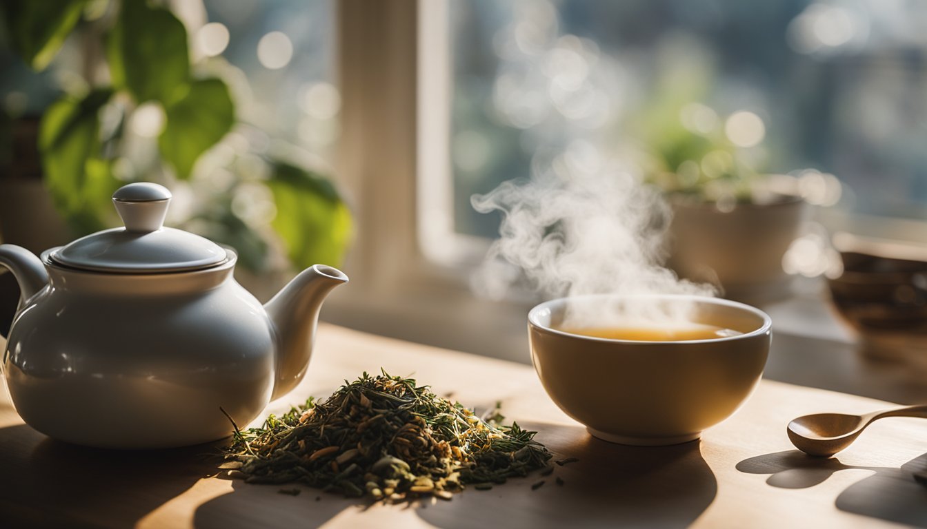 A white ceramic teapot with steam rising from the spout sits next to a steaming cup of tea on a wooden table. A pile of dried green herbs, possibly Ashwagandha, is placed in front of the teapot, and a wooden spoon rests beside it.