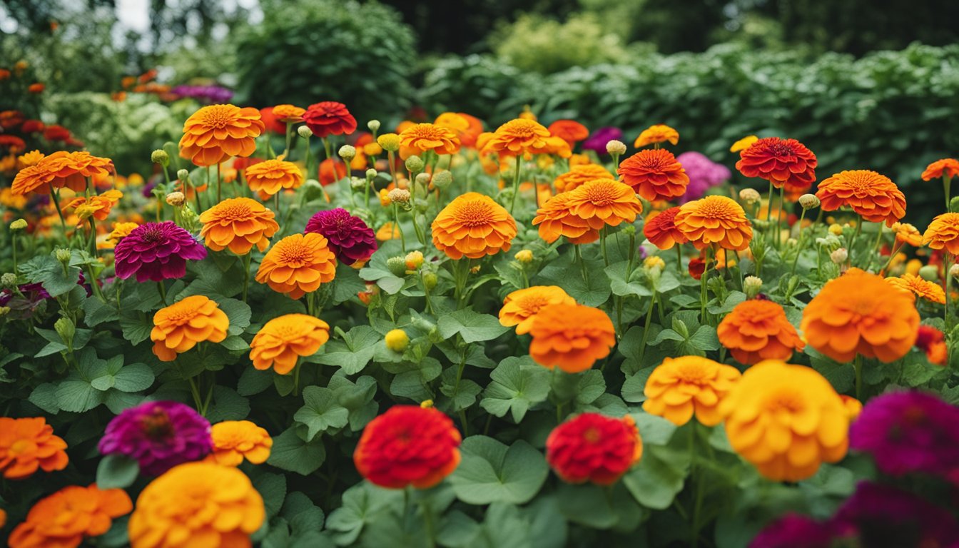 A vibrant garden bed filled with fast-growing plants, featuring an array of marigolds in various shades of orange and red.