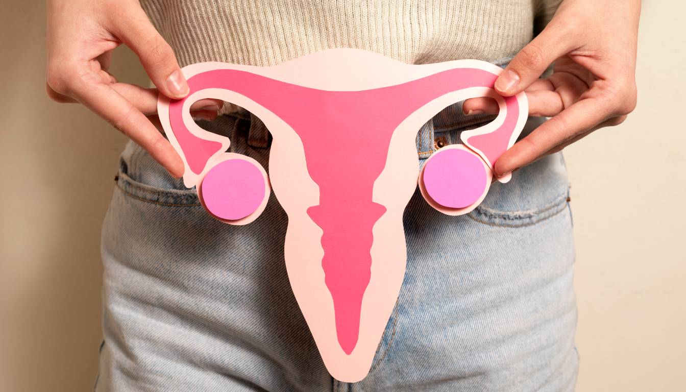 A person holding a paper cutout of a female reproductive system, highlighting the uterus and ovaries, against their lower abdomen.