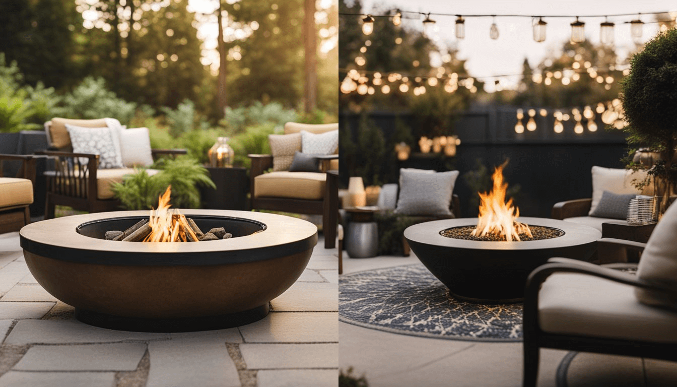 Two side-by-side images comparing a fire pit and a fire table in an outdoor setting. The left image features a round, bowl-shaped fire pit with visible flames in the center, placed on a patio surrounded by outdoor furniture. The right image shows a fire table with flames rising from the center, surrounded by similar patio furniture and decorative string lights above.