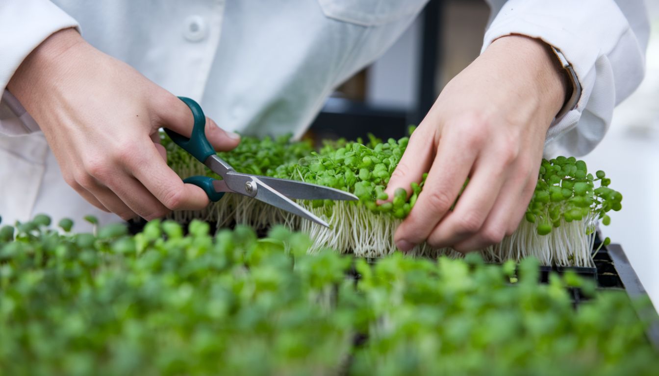 A person in a white coat trimming green herbs growing in a black tray with scissors.