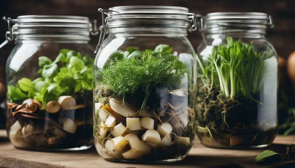 Three glass jars on a wooden surface, each containing different kitchen scraps and green herbs growing from them. From left to right, the first jar contains basil with roots in water, the second has dill with visible roots, and the third shows green onion sprouts with white root ends submerged in water.