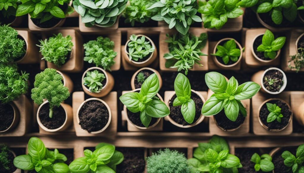 Overhead view of various herbs growing in individual pots arranged neatly on a wooden surface.