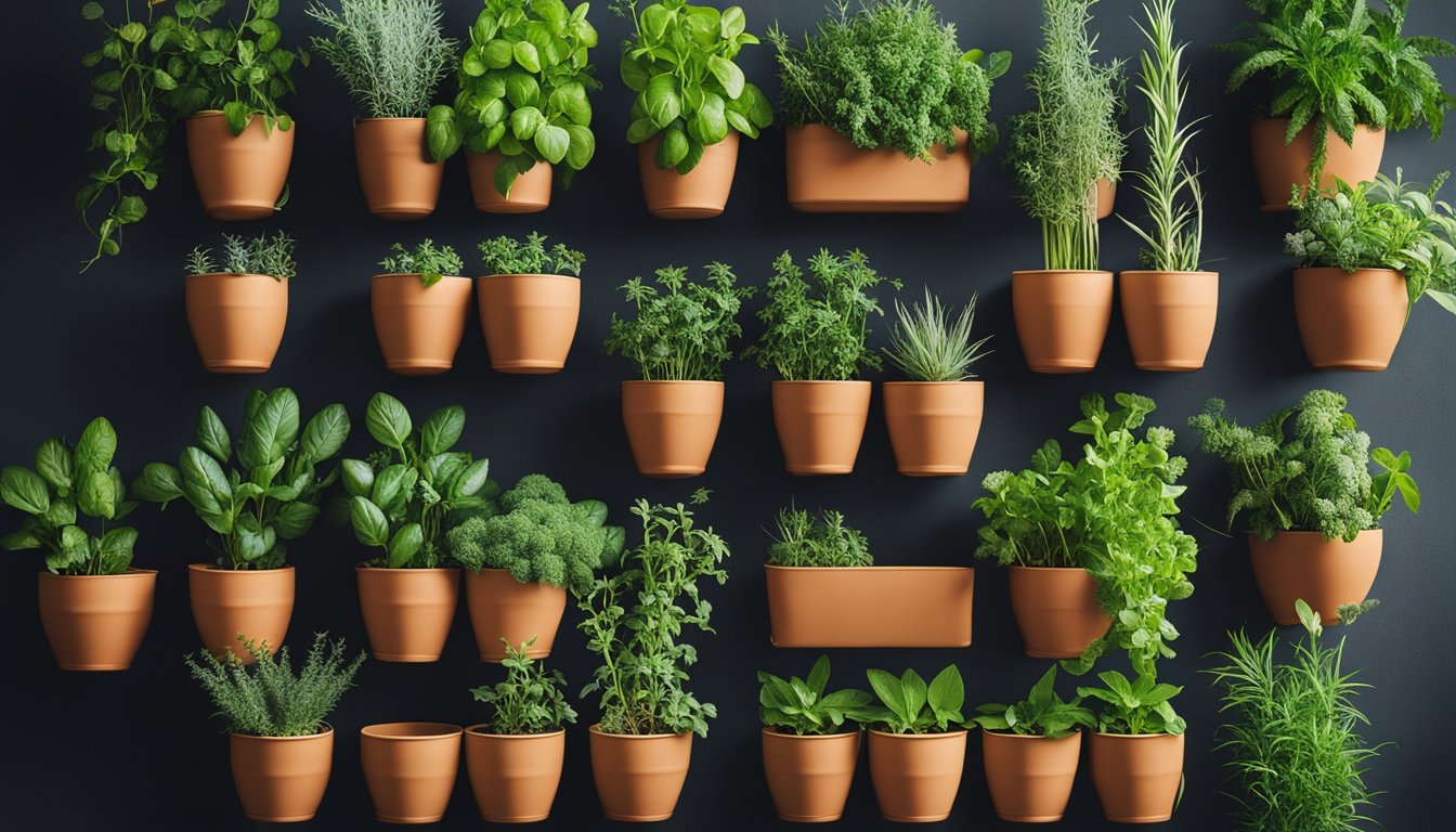 A variety of fresh herbs growing in terracotta pots arranged in rows on a dark background.