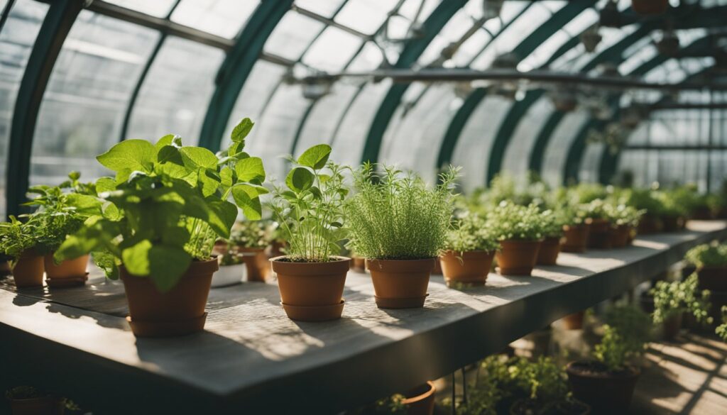 A variety of potted herbs basking in the sunlight inside a greenhouse with a curved glass roof.