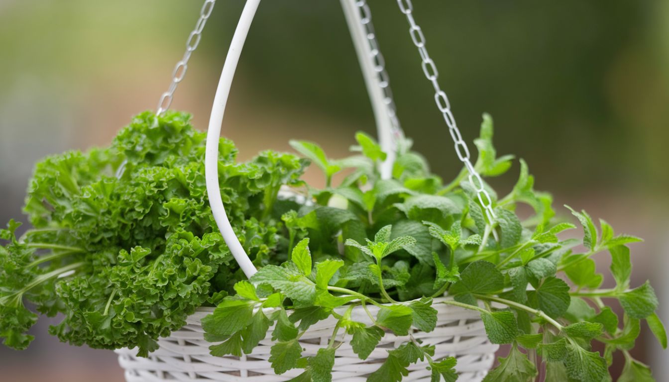 A white hanging basket filled with lush green herbs, including curly parsley and mint, suspended by a chain against a soft-focus background.